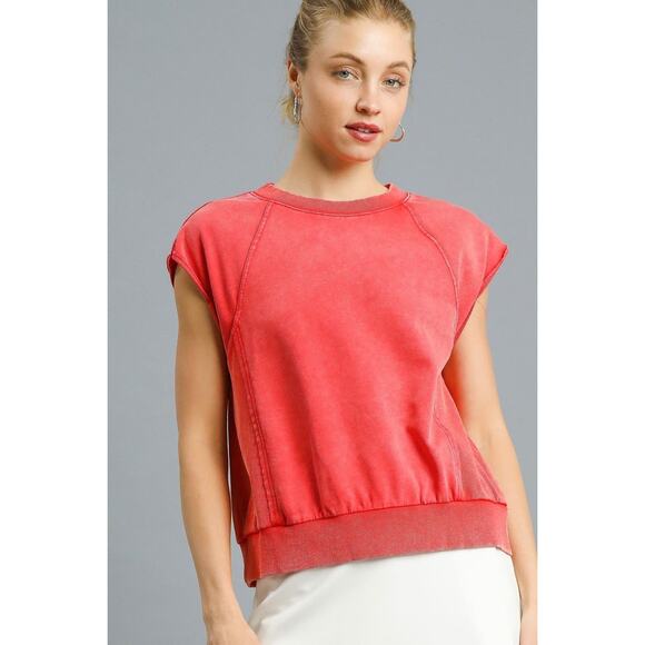 Umgee Round Neck Raglan Sleeves Vibrant Coral Relaxed Casual Ribbed Sweatshirt - Picture 4 of 4